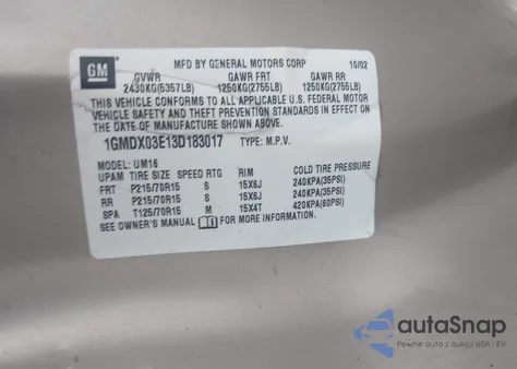 2003 Pontiac Montana M16 W/1Sa Pkg. from USA, damaged, VIN 1GMDX03E13D183017